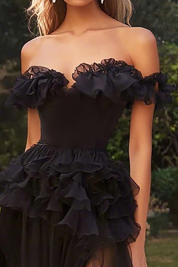 Black Chiffon Off The Shoulder A Line Ruffled Long Formal Dress